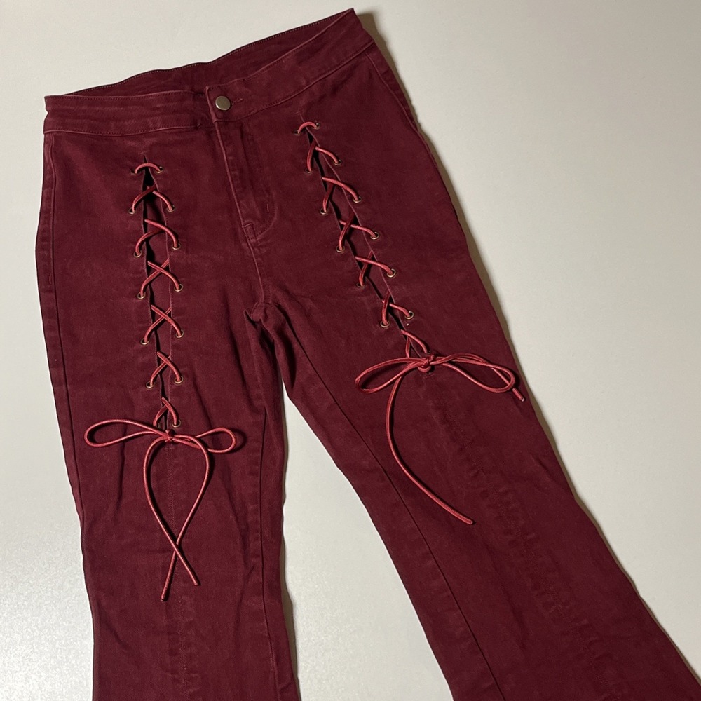 Cider Jeans Flare Stretch Lace Up Pants Size M Burgundy Retro Disco Hippie Chic